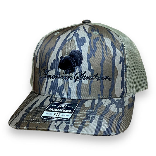 American Strutter® 'FlatLine' SnapBack Hat (Richardson 112) - Mossy Oak Bottomland with Black Embroidery