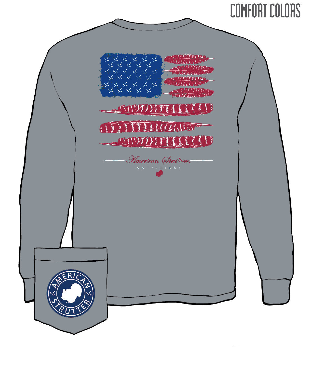 American Strutter® 'American Feathers' Long Sleeve T-Shirt (Granite)