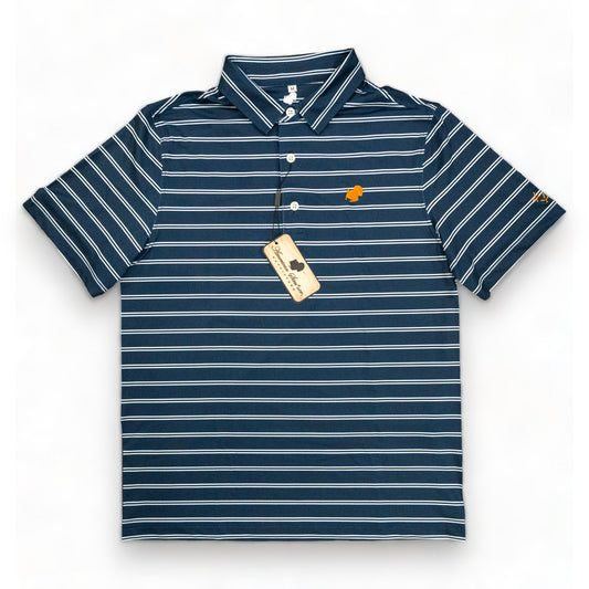 American Strutter® Performance Polo (Navy/White Stripe with Orange Embroidery)