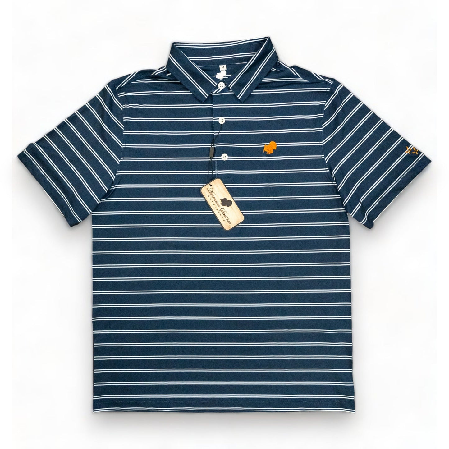 Wholesale '24 American Strutter® Performance Polo (Navy/White Stripe with Orange Embroidery)