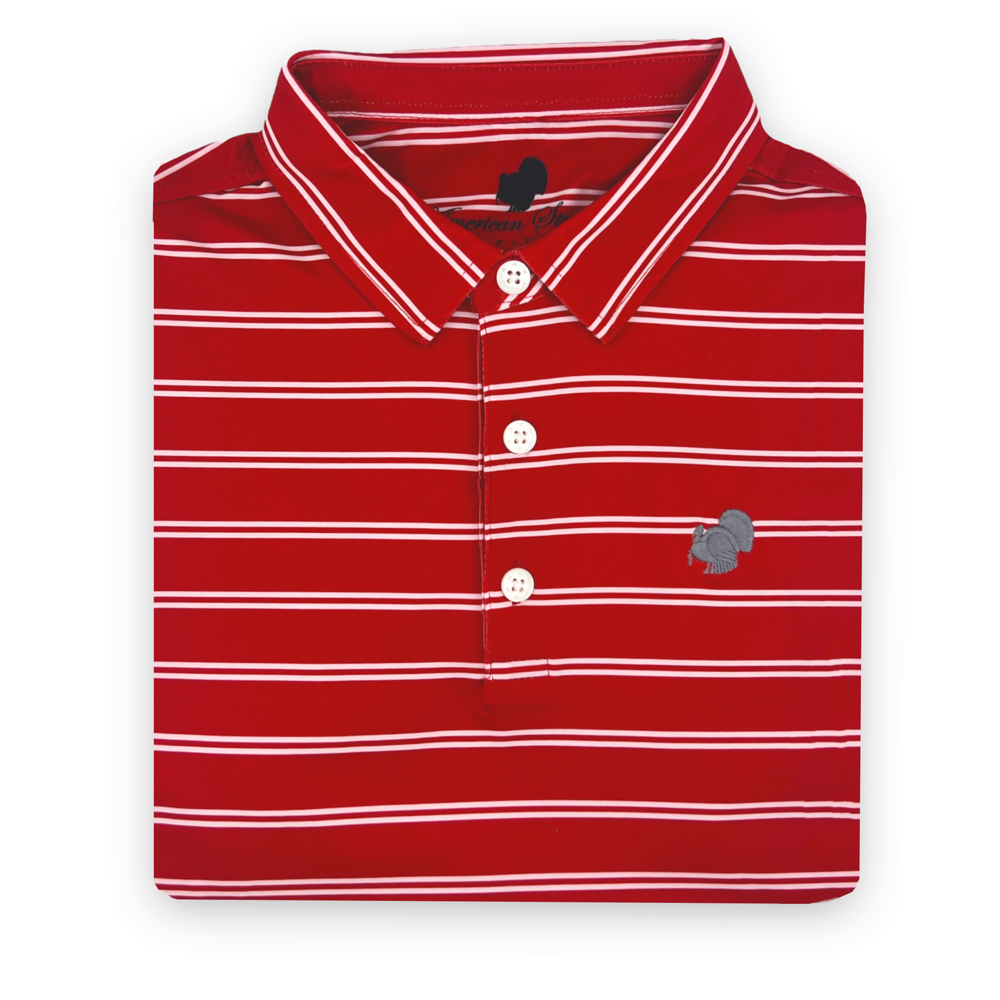 American Strutter® Performance Polo (Crimson/White Stripe with Gray Embroidery)