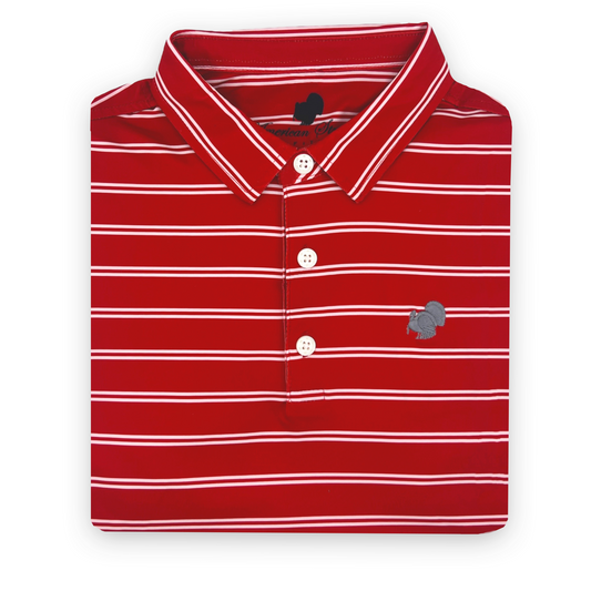 Wholesale '24 American Strutter® Performance Polo (Crimson/White Stripe with Gray Embroidery)