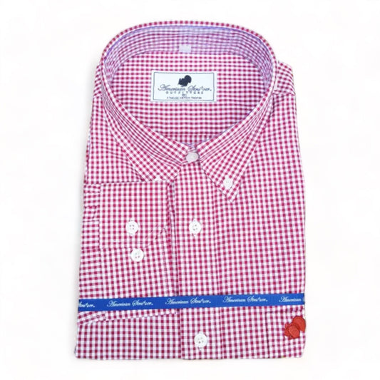 Wholesale '24 American Strutter® 'Maroon and White' Gameday Gingham Button Down Shirt