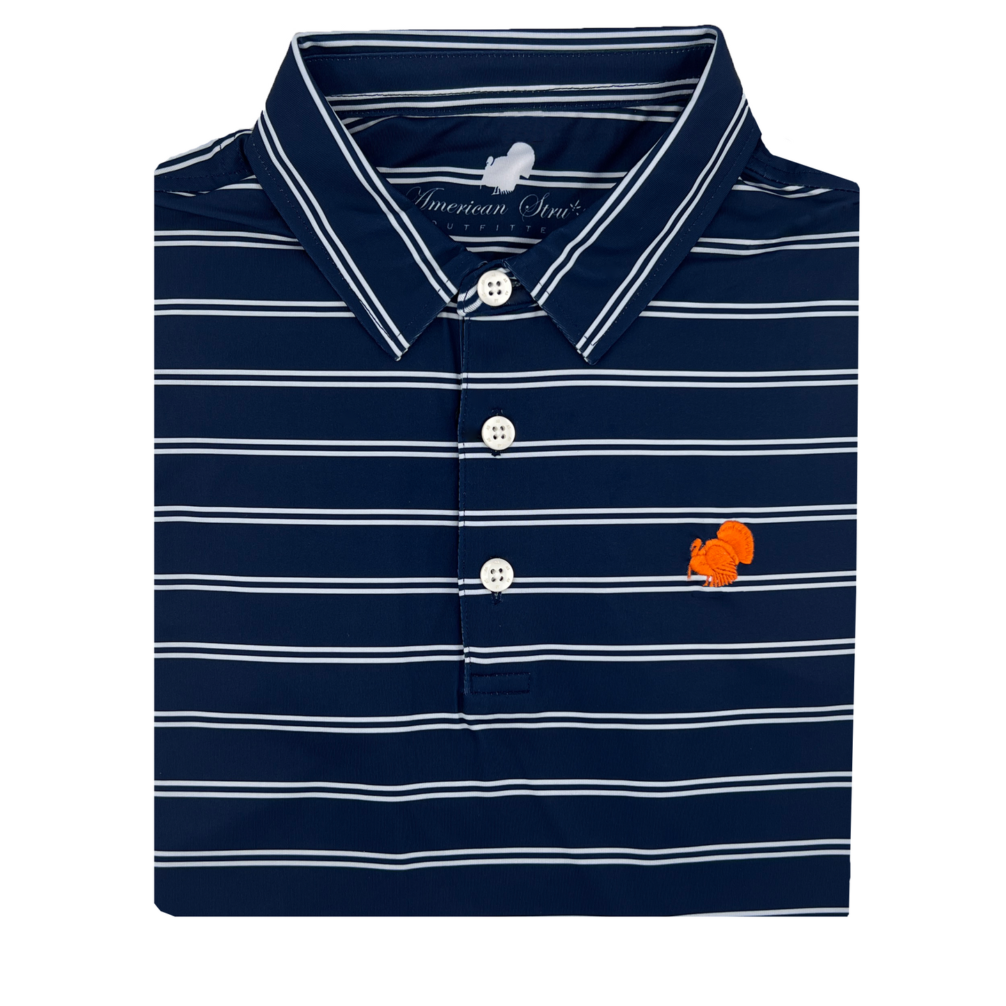 American Strutter® Performance Polo (Navy/White Stripe with Orange Embroidery)