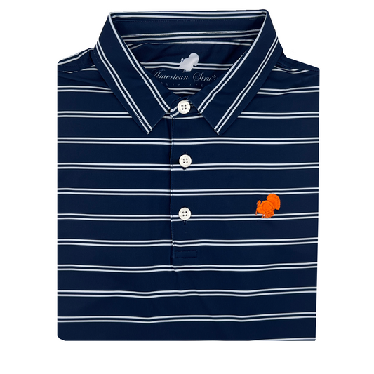 Wholesale '24 American Strutter® Performance Polo (Navy/White Stripe with Orange Embroidery)