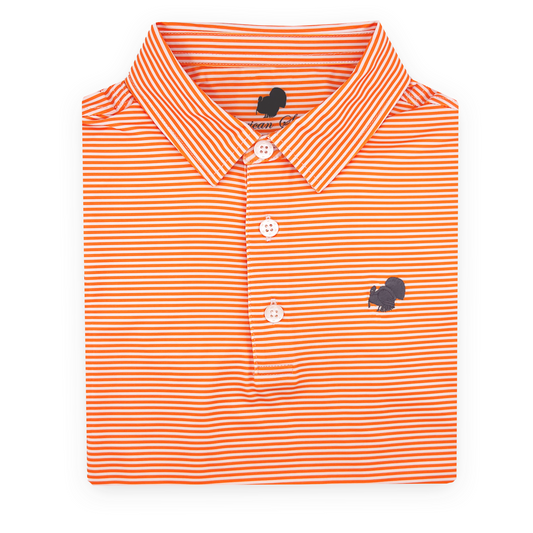 Wholesale '24 American Strutter® Performance Polo (Orange/White Stripe with Gray Embroidery)
